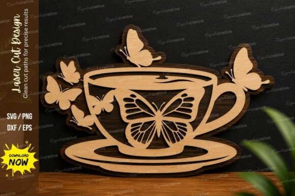 Elegant Butterfly Tea Cup Laser Cut SVG Design