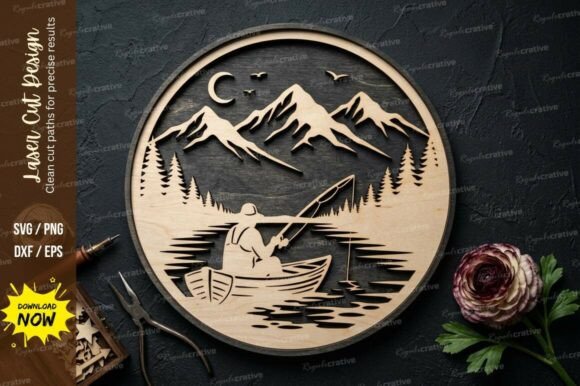 Fishing Mountain Scene Laser Cut Svg