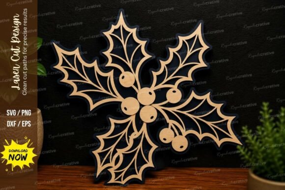 Holly Leaves Ornament Laser Cut SVG File: Elegant Design for Festive Crafts