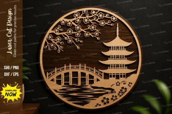 Japanese Pagoda Landscape SVG Laser Cut